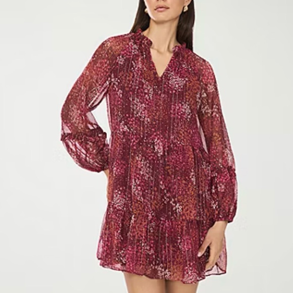 MSK Dresses & Skirts - MSK Petite Floral Tiered Chiffon Dress PM Burgundy Romantic Boho Mini